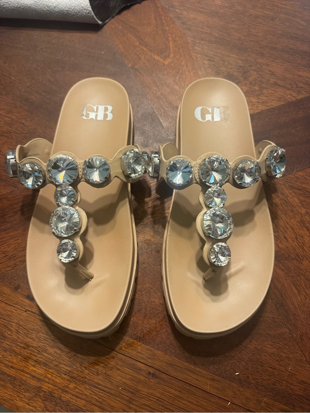 Gianni Bini Nude/Tan Crystal Embellished Thong Sandals